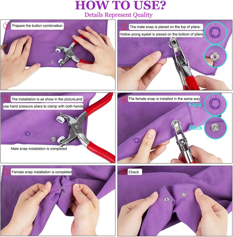 CHEPULA Snap Button Kit 100set, 9.5mm Snap Fasteners Kit with Pliers, Metal Snaps Kit with Tool, Five Claw Buckle Tool Set 10 Colors (Solid 100set) - Image 4